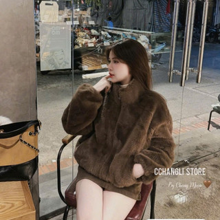 LOU BAE| (HÀNG QC) Áo Khoác Lông Nữ Tay Dài Cổ Cao Freesize