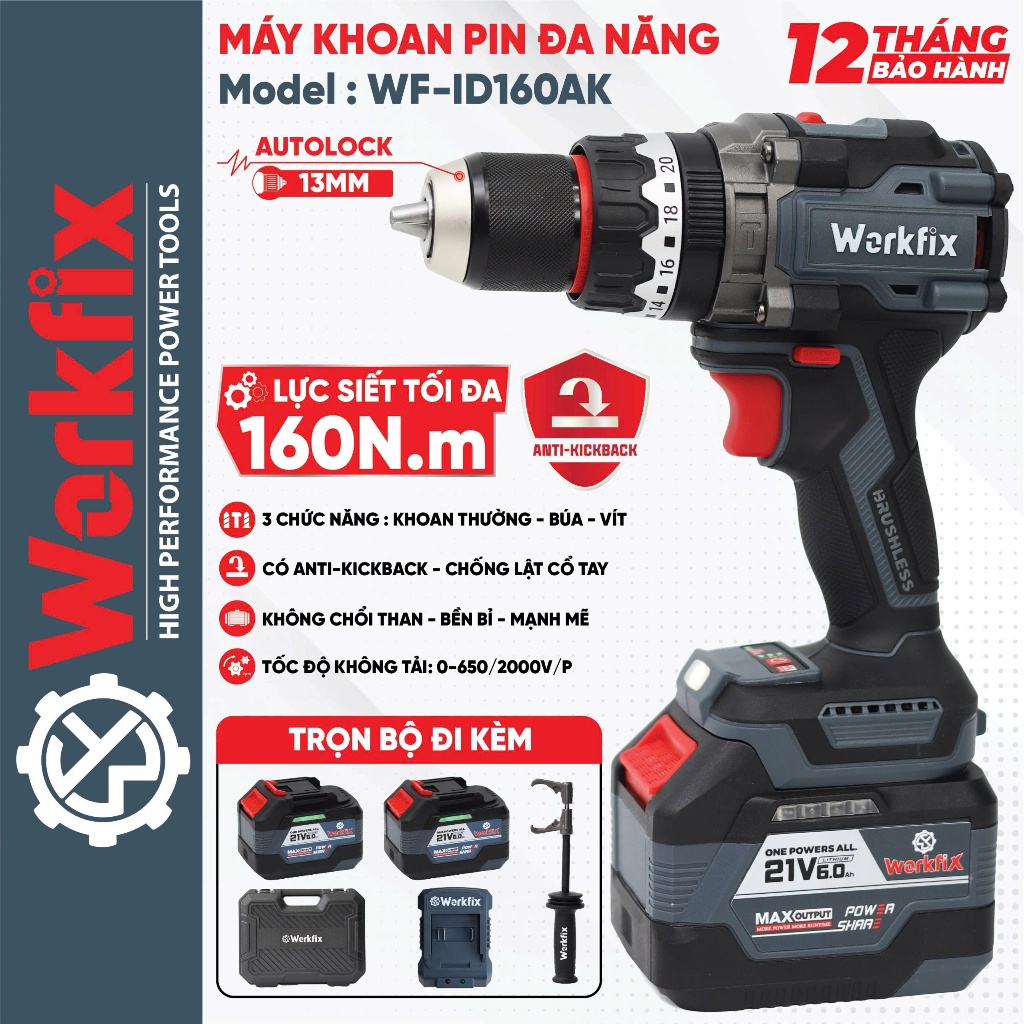 Máy khoan pin WORKFIX WF-ID160AK  Anti-kickback, Lực siết 160Nm, Không chổi than, 13mm Có khoá trục