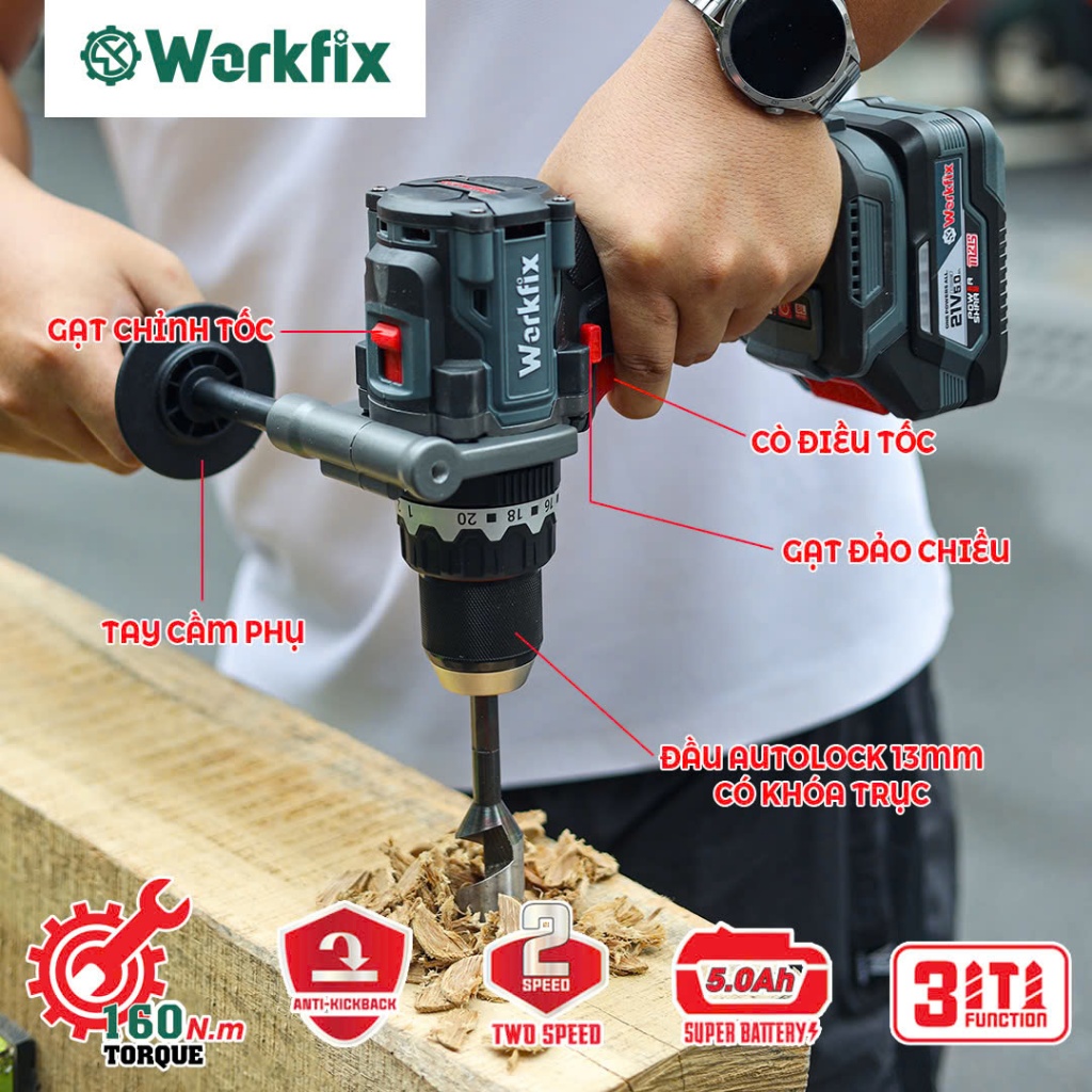 Máy khoan pin WORKFIX WF-ID160AK  Anti-kickback, Lực siết 160Nm, Không chổi than, 13mm Có khoá trục