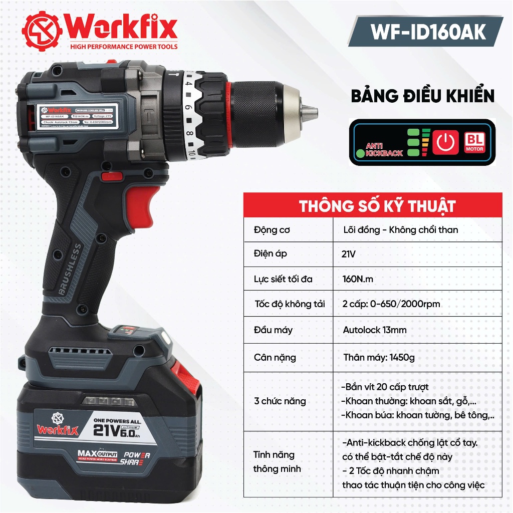 Máy khoan pin WORKFIX WF-ID160AK  Anti-kickback, Lực siết 160Nm, Không chổi than, 13mm Có khoá trục