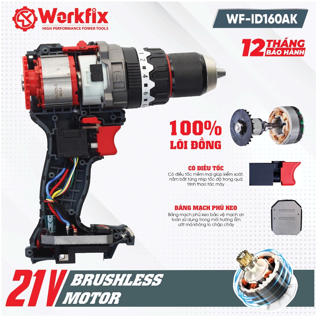 Máy khoan pin WORKFIX WF-ID160AK  Anti-kickback, Lực siết 160Nm, Không chổi than, 13mm Có khoá trục