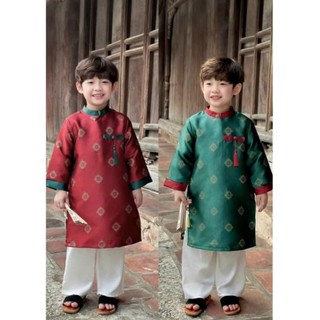 Áo dài bé trai set 2 món áo lụa quần lụa trắng sz 8-30kg, áo dài cách tân bé trai 2026
