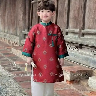 Áo dài bé trai set 2 món áo lụa quần lụa trắng sz 8-30kg, áo dài cách tân bé trai 2026