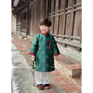 Áo dài bé trai set 2 món áo lụa quần lụa trắng sz 8-30kg, áo dài cách tân bé trai 2026