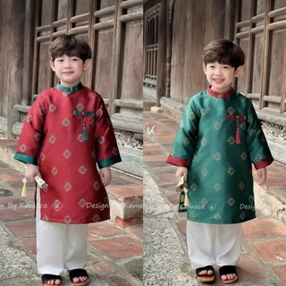 Áo dài bé trai set 2 món áo lụa quần lụa trắng sz 8-30kg, áo dài cách tân bé trai 2026