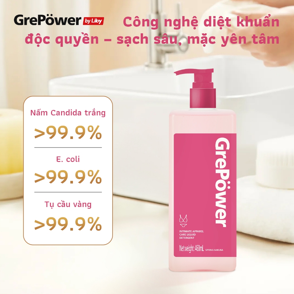 Nước giặt dành cho đồ lót GrePower 180ml/460ml - Công thức dịu nhẹ, phù hợp da nhạy cảm, diệt khuẩn tới 99.9%