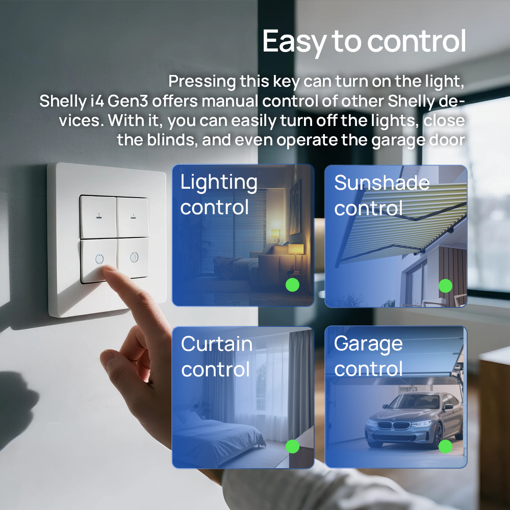 Shelly i4 Gen3 Bộ Cảm Ứng 4 Ngõ vào Thông Minh Wi-Fi + BLE Điều Khiển Scene & Tự Động Hóa Nhà Thông Minh