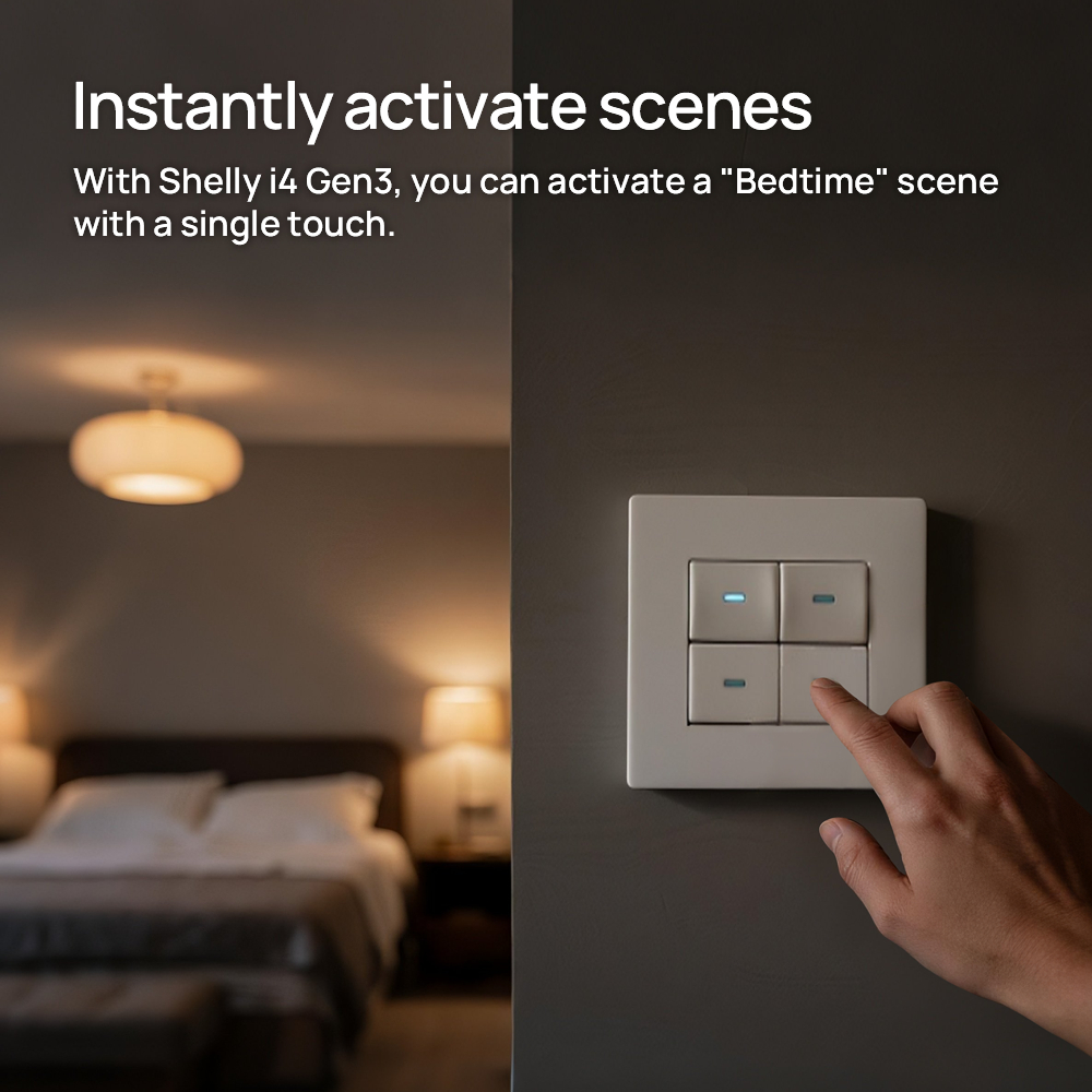 Shelly i4 Gen3 Bộ Cảm Ứng 4 Ngõ vào Thông Minh Wi-Fi + BLE Điều Khiển Scene & Tự Động Hóa Nhà Thông Minh