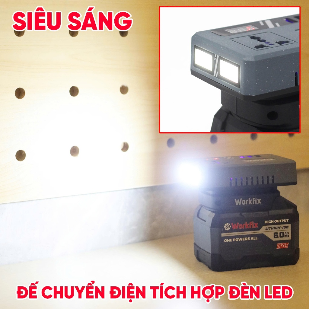 [Có đèn LED] Đế chuyển đổi nguồn điện từ 21v-220v WORKFIX WF-CD220PRO - Chân pin phổ thông