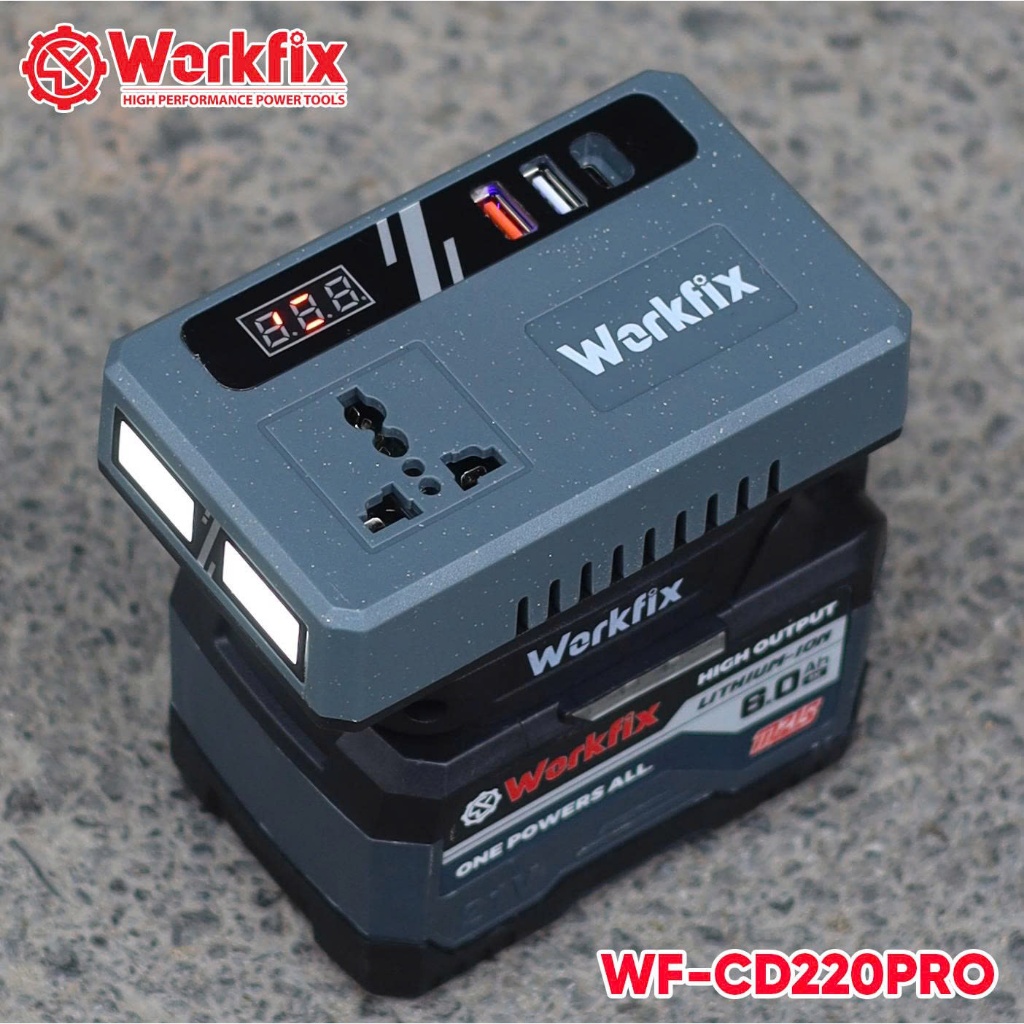 [Có đèn LED] Đế chuyển đổi nguồn điện từ 21v-220v WORKFIX WF-CD220PRO - Chân pin phổ thông