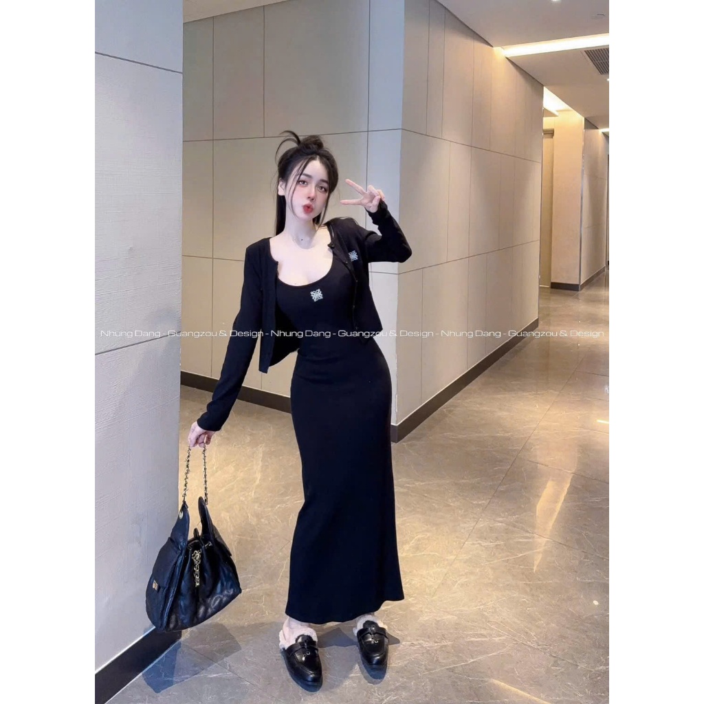 Đầm thun gân dài ôm body kèm áo khoác khoét cổ sang chảnh form chuẩn tôn dáng đi chơi dạo phố dự tiệc dx
