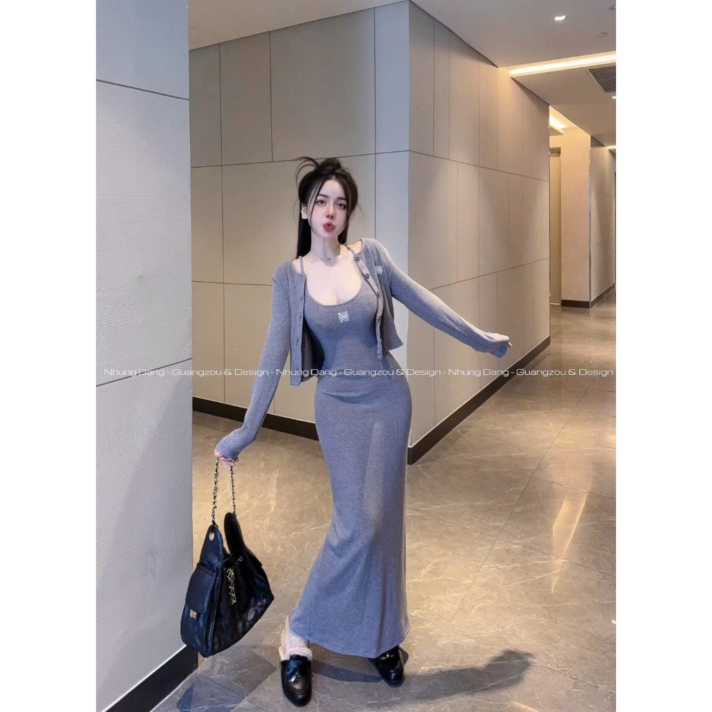 Đầm thun gân dài ôm body kèm áo khoác khoét cổ sang chảnh form chuẩn tôn dáng đi chơi dạo phố dự tiệc dx
