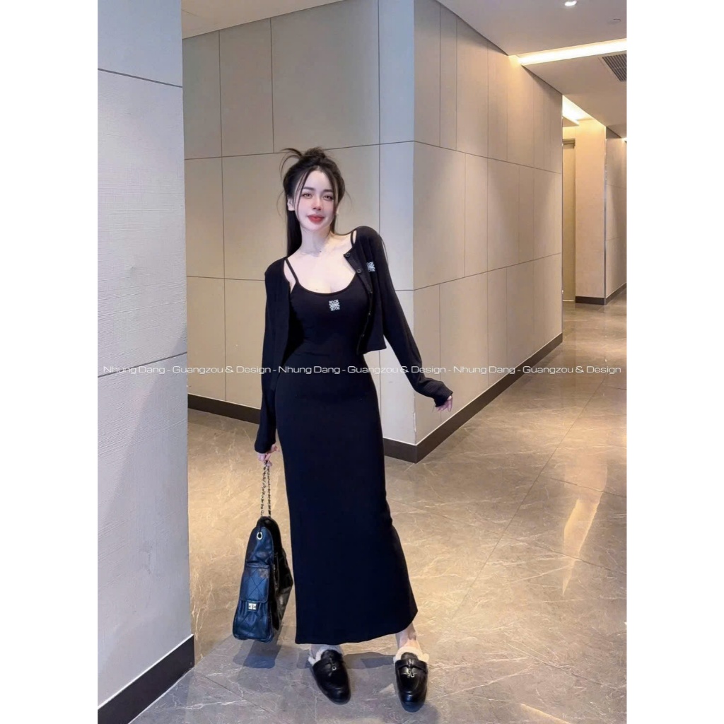 Đầm thun gân dài ôm body kèm áo khoác khoét cổ sang chảnh form chuẩn tôn dáng đi chơi dạo phố dự tiệc dx