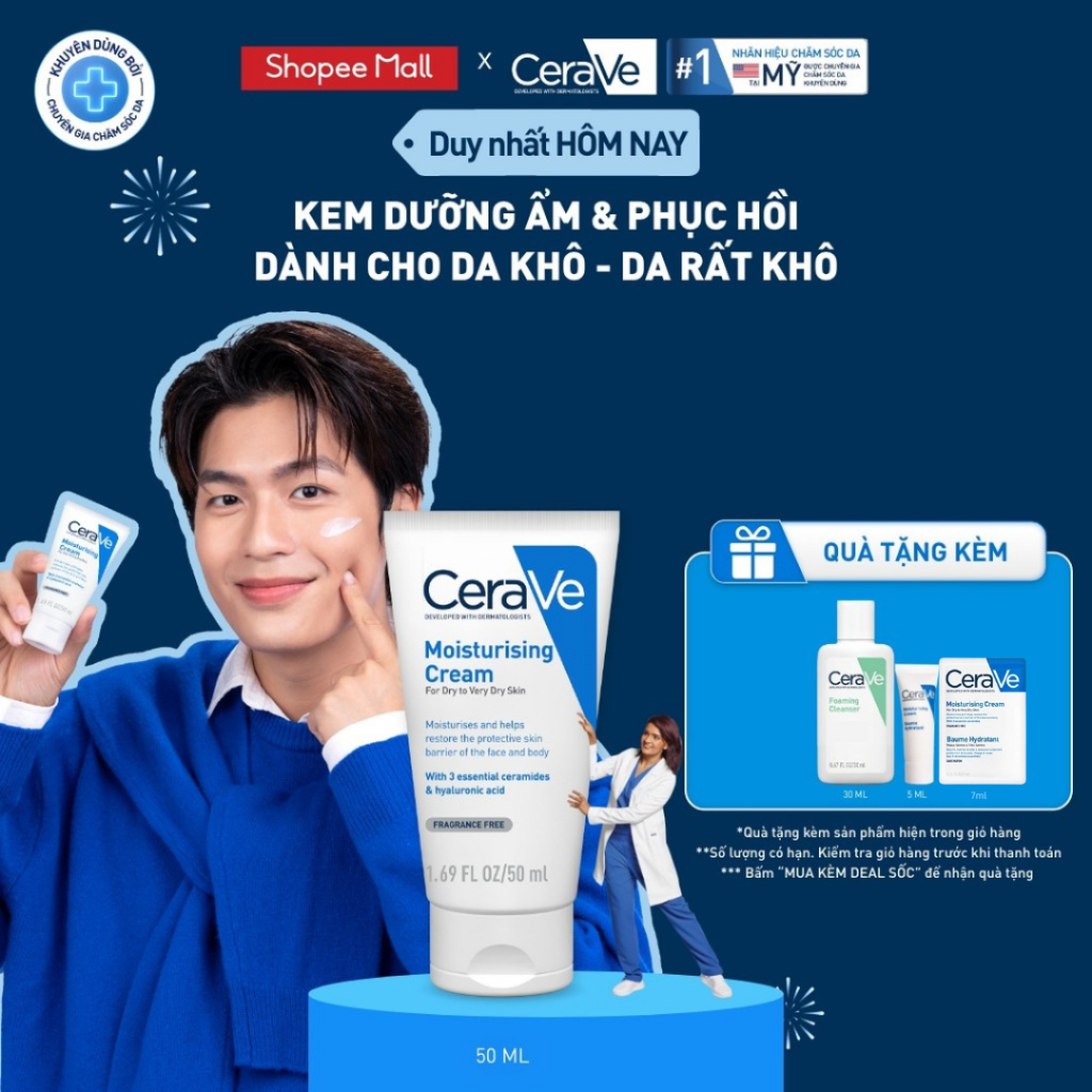Kem dưỡng ẩm phục hồi chuyên sâu và giữ da ẩm mịn suốt 48H CERAVE MOISTURISING CREAM 50ML