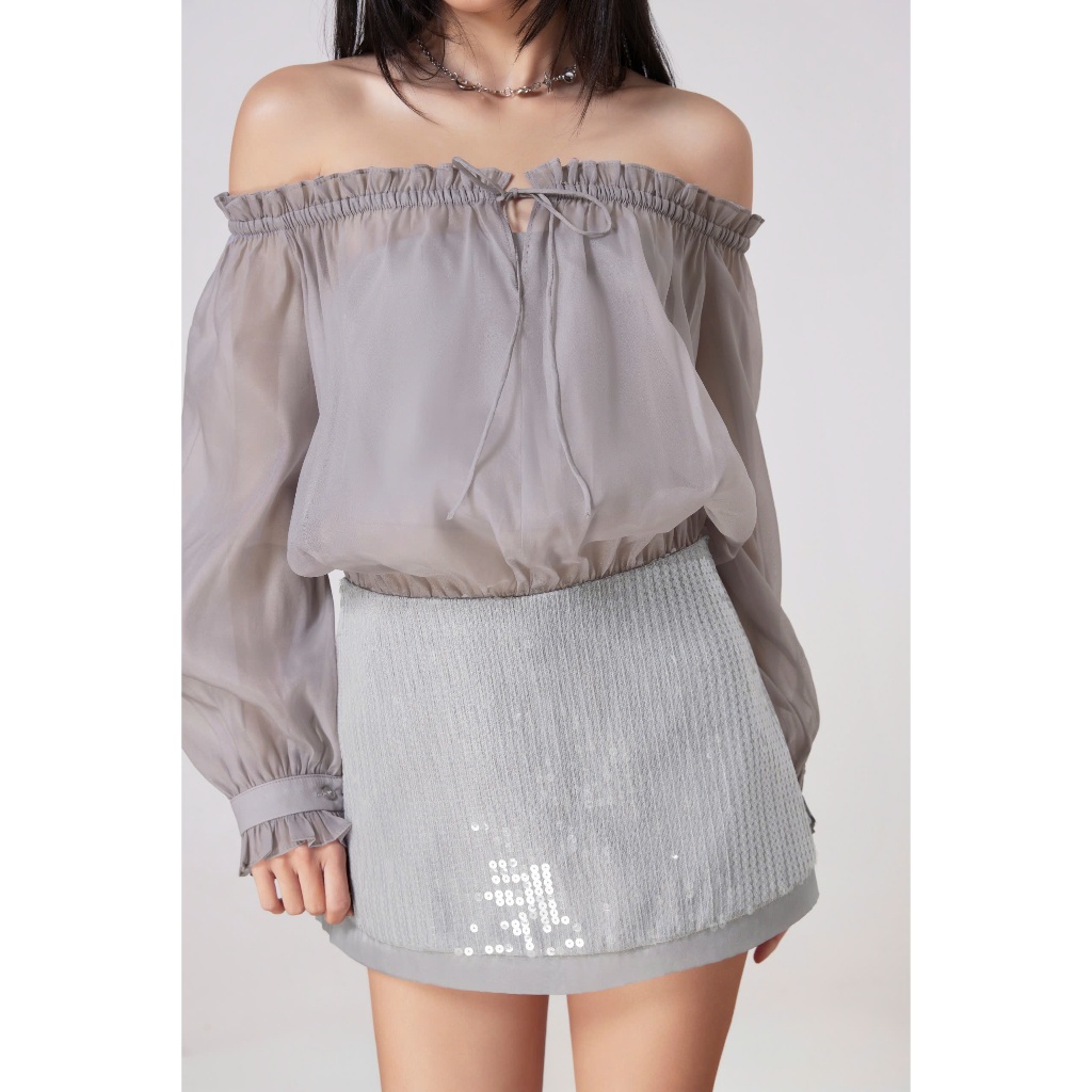 Đầm Nữ THIERRY DRESS Trễ Vai Chất Voan Phối Tà Cườm Lấp Lánh SECODEE