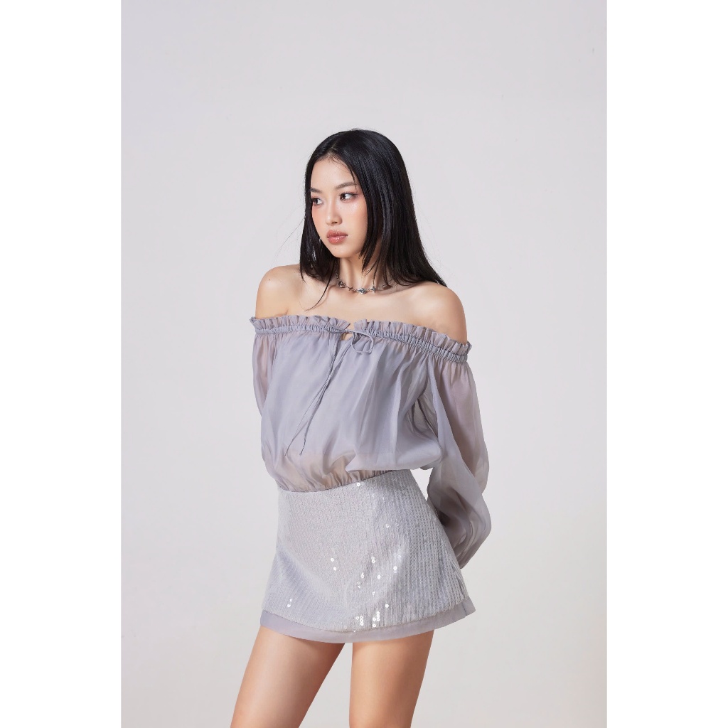 Đầm Nữ THIERRY DRESS Trễ Vai Chất Voan Phối Tà Cườm Lấp Lánh SECODEE