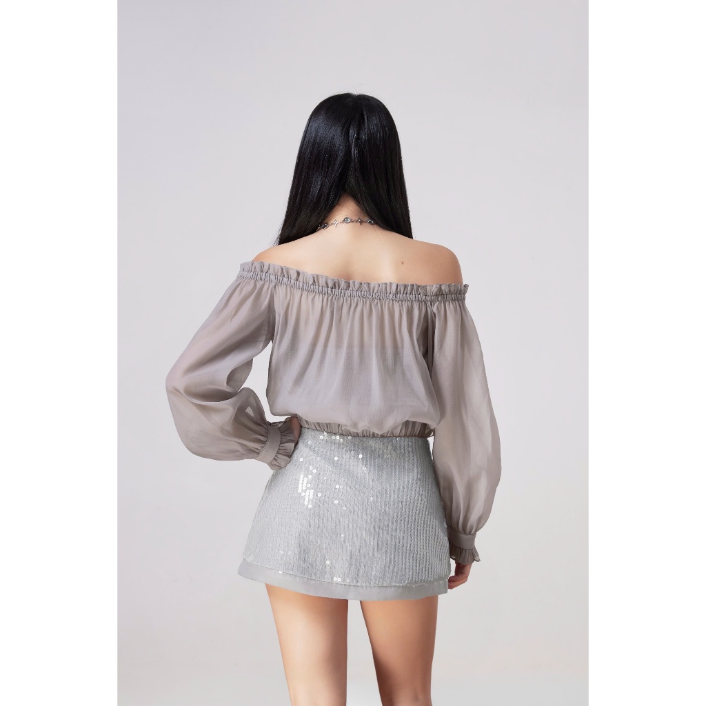 Đầm Nữ THIERRY DRESS Trễ Vai Chất Voan Phối Tà Cườm Lấp Lánh SECODEE
