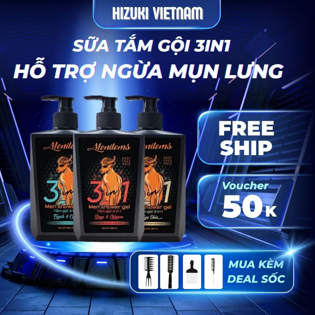 Sữa tắm gội đa năng Menitems 3in1, hỗ trợ giảm mụn lưng, ngừa mụn, làm sạch và lưu hương nước hoa, chai 285 ml.