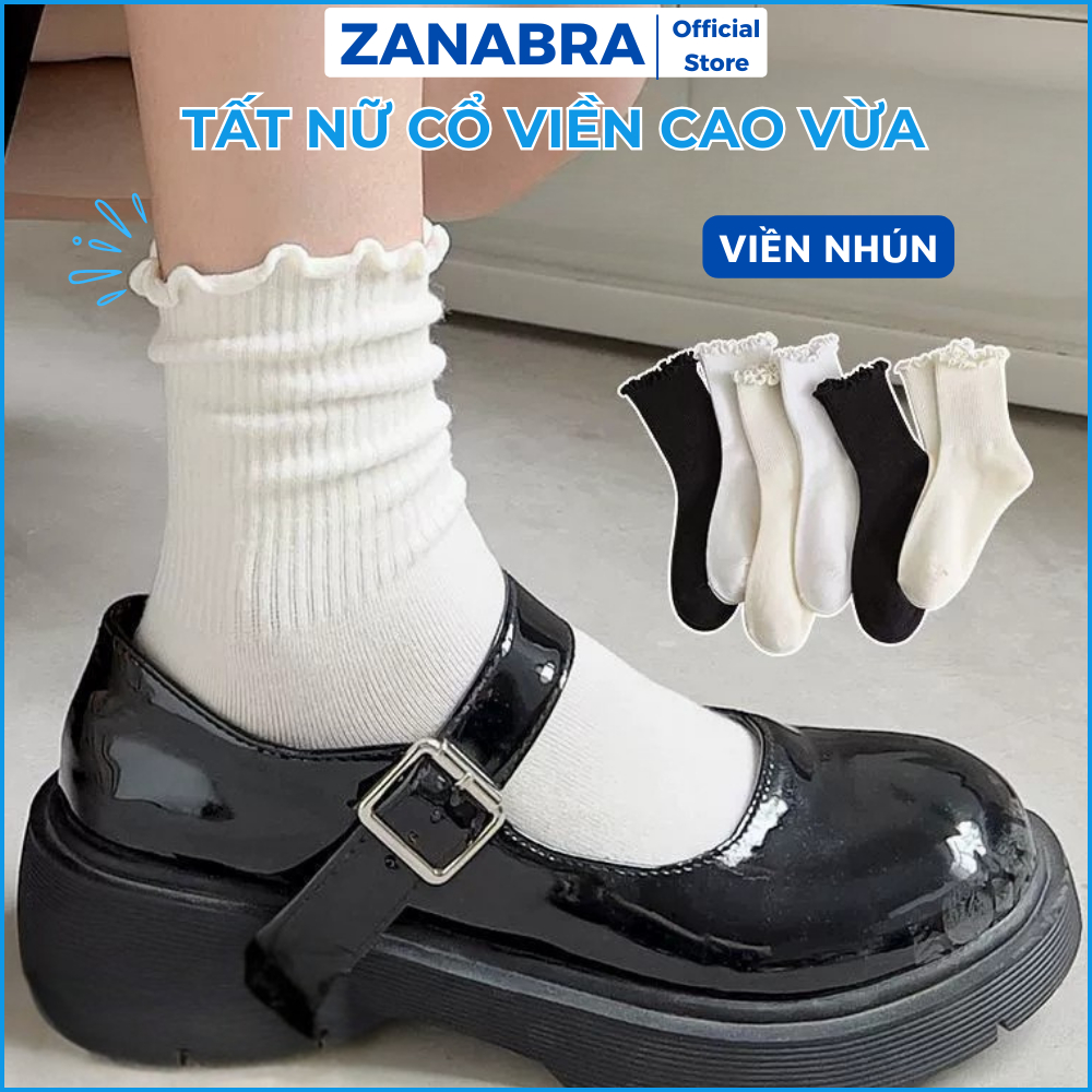 Tất nữ cổ cao vừa chất cotton mềm mịn - Vỡ nữ viền gơn sóng ôm chân thoải mái ZANABRA T23
