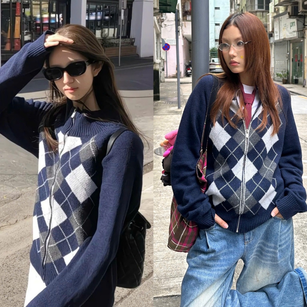 Áo khoác len khoá zip hình quả trám màu xanh than dáng rộng vừa AKL002 - Tiktik