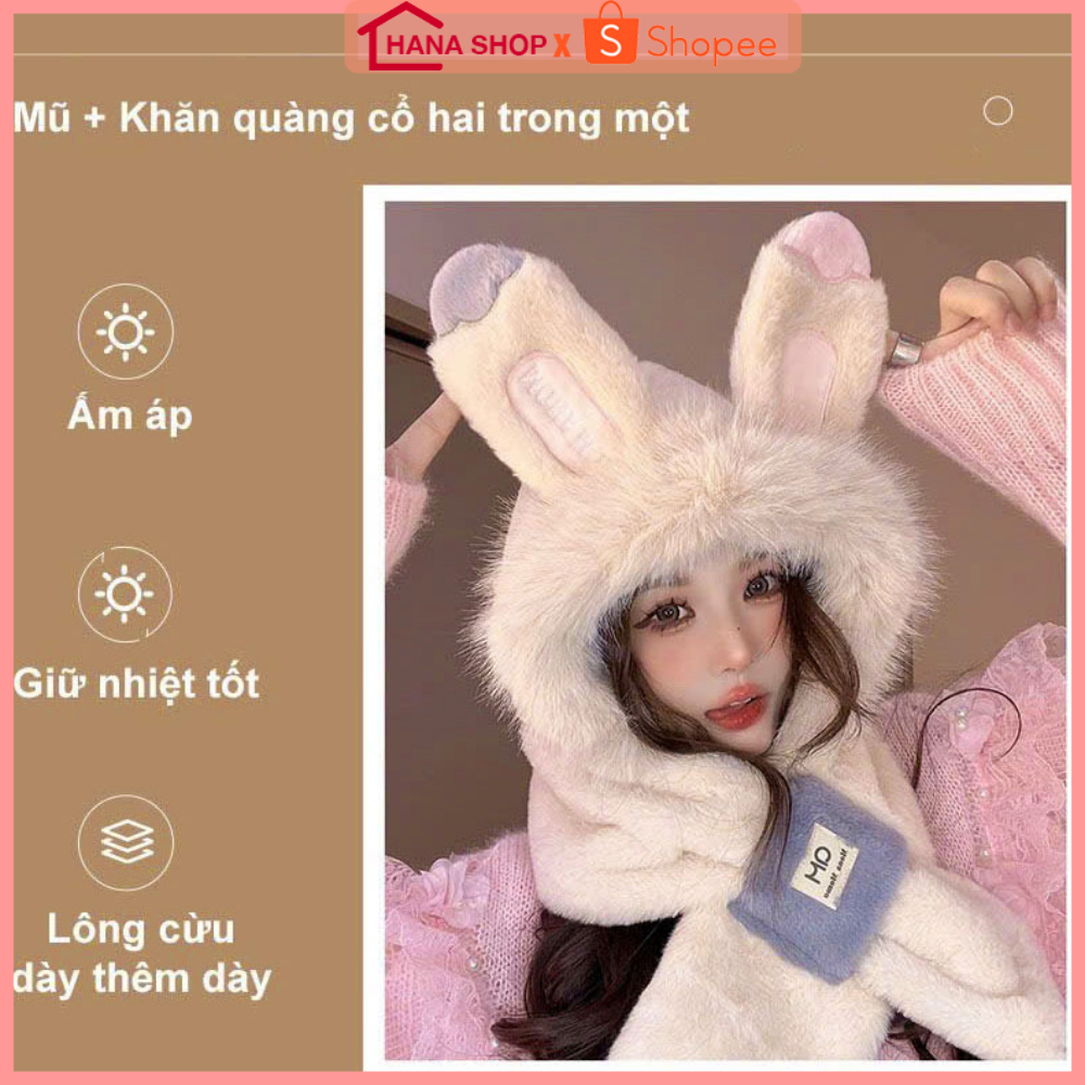 Mũ Len Nữ Trùm Đầu Kèm Khăn Tai Thỏ Siêu Đáng Yêu Ấm Áp, Mũ Len Lông Cừu Cực Mềm Mịn Thời Trang 2025