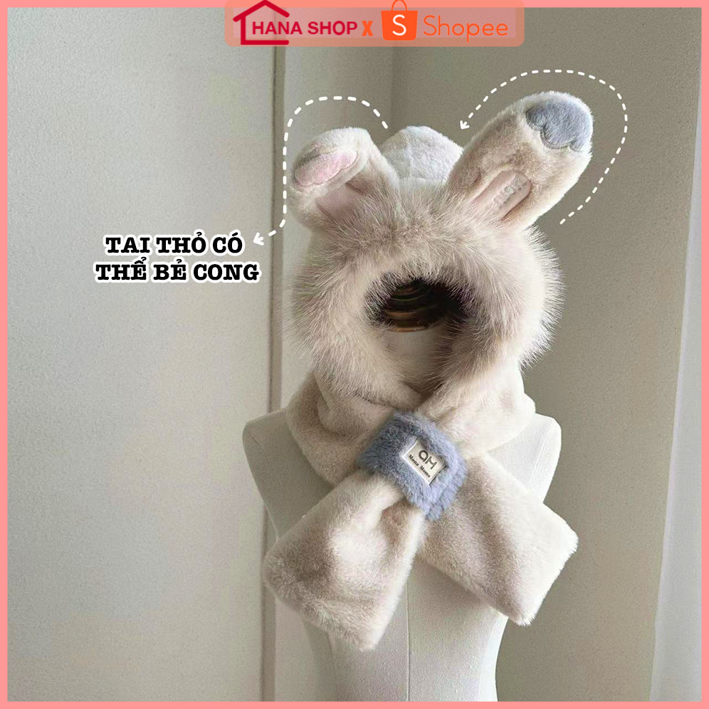Mũ Len Nữ Trùm Đầu Kèm Khăn Tai Thỏ Siêu Đáng Yêu Ấm Áp, Mũ Len Lông Cừu Cực Mềm Mịn Thời Trang 2025