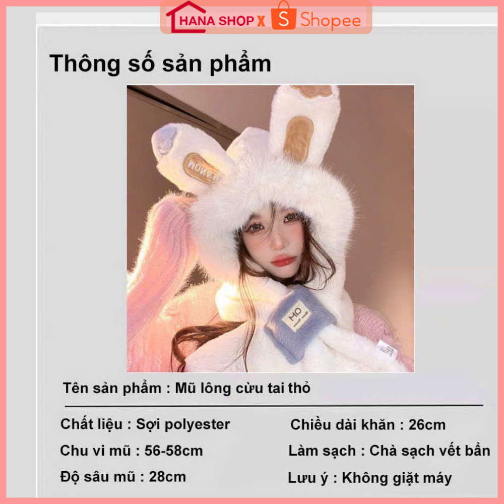 Mũ Len Nữ Trùm Đầu Kèm Khăn Tai Thỏ Siêu Đáng Yêu Ấm Áp, Mũ Len Lông Cừu Cực Mềm Mịn Thời Trang 2025