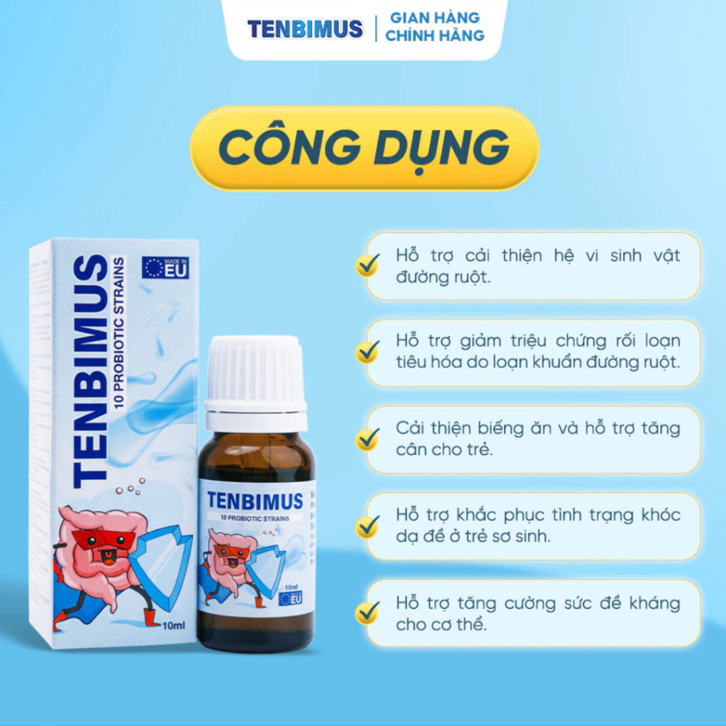 Men vi sinh 10 chủng Bioamicus và Men 10 chủng Tenbimus giảm táo bón tiêu chảy rối loạn tiêu hóa nôn trớ chai 10ml + qua