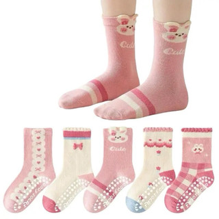 B22 Set 5 Đôi Tất Chống Trơn Cổ Cao Cho Bé – Cotton Mềm, Co Giãn 4 Chiều – Màu Hồng/Thỏ Cute – Bé 1–9 Tuổi
