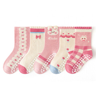 B22 Set 5 Đôi Tất Chống Trơn Cổ Cao Cho Bé – Cotton Mềm, Co Giãn 4 Chiều – Màu Hồng/Thỏ Cute – Bé 1–9 Tuổi