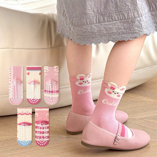 B22 Set 5 Đôi Tất Chống Trơn Cổ Cao Cho Bé – Cotton Mềm, Co Giãn 4 Chiều – Màu Hồng/Thỏ Cute – Bé 1–9 Tuổi