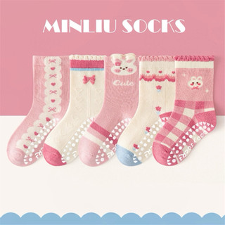 B22 Set 5 Đôi Tất Chống Trơn Cổ Cao Cho Bé – Cotton Mềm, Co Giãn 4 Chiều – Màu Hồng/Thỏ Cute – Bé 1–9 Tuổi