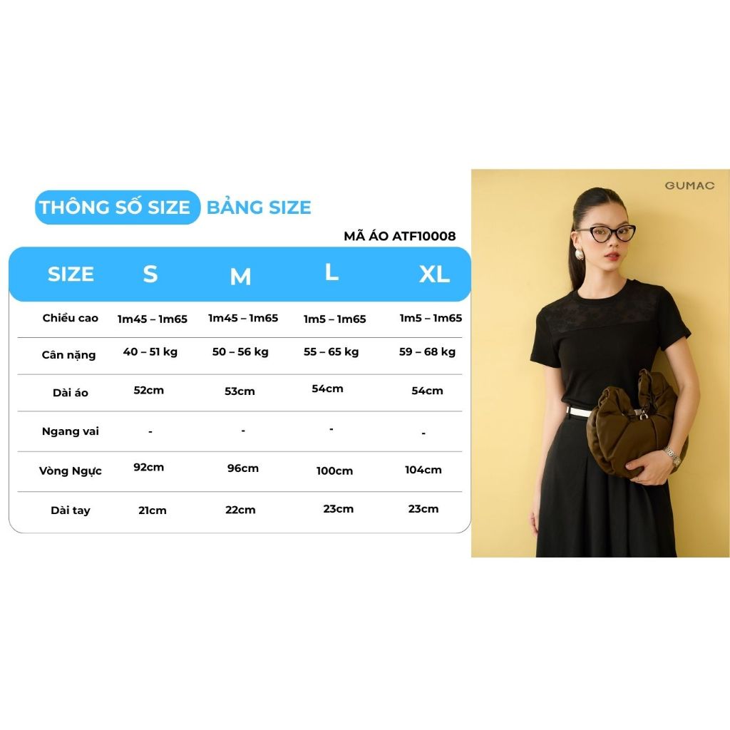 Áo thun nữ GUMAC form slim kiểu phối ren cổ bo tròn tay ngắn  ATF10008