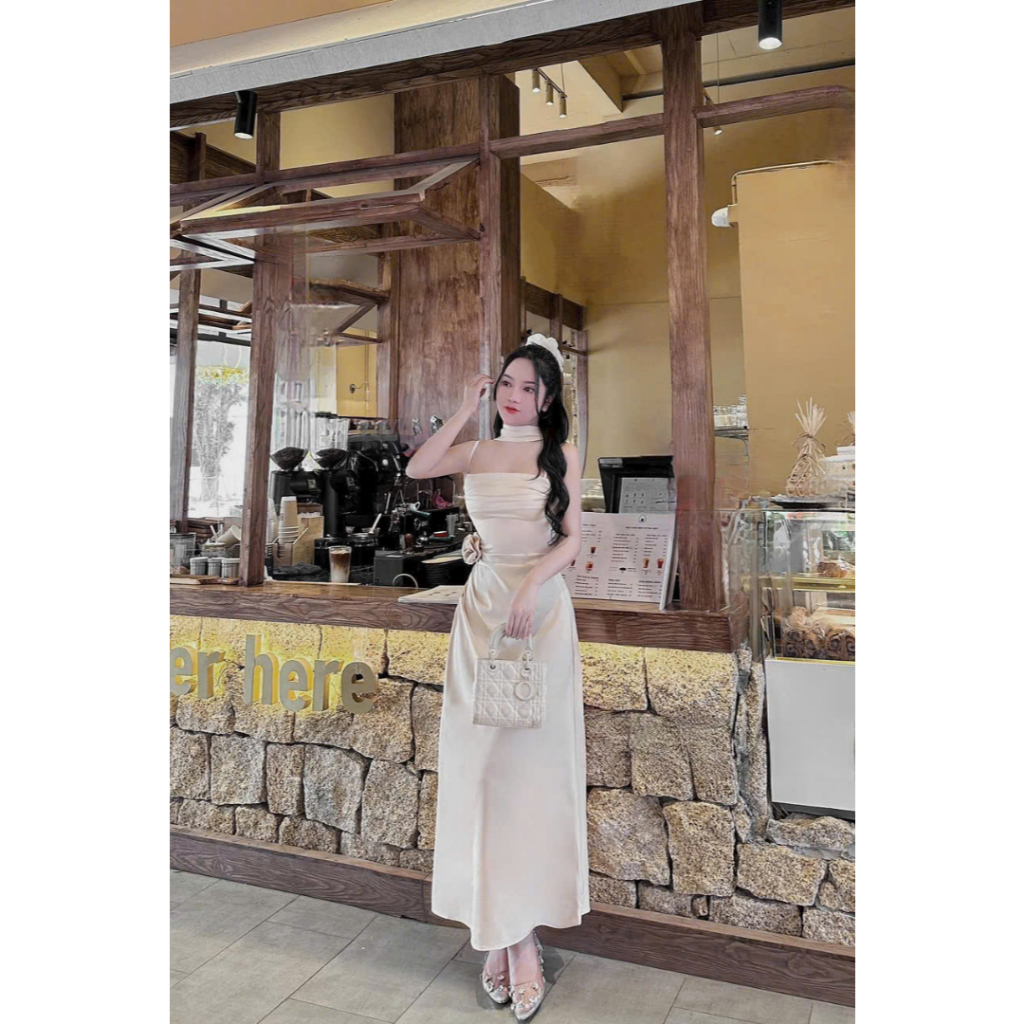 Đầm satin dài suông ôm chuẩn sang, che dáng tôn eo xinh hết nấc, đi tiệc – đi chơi – dự sự kiện dx