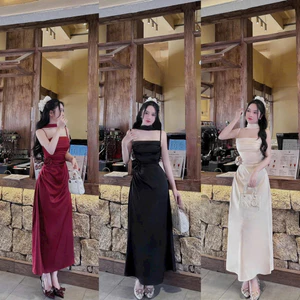 Đầm satin dài suông ôm chuẩn sang, che dáng tôn eo xinh hết nấc, đi tiệc – đi chơi – dự sự kiện dx