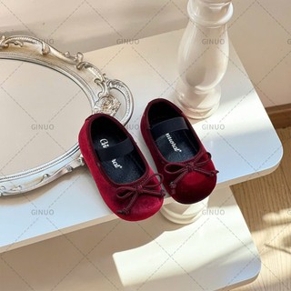 Sz 16-25 Giày Búp Bê Đỏ Nhung Quai Chun Phối Nơ Dễ Thương Phù Hợp Noel Lễ Tết Cho Bé Gái K074