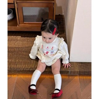 Sz 16-25 Giày Búp Bê Đỏ Nhung Quai Chun Phối Nơ Dễ Thương Phù Hợp Noel Lễ Tết Cho Bé Gái K074