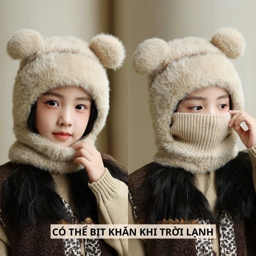 Mũ Len Trẻ Em Nam Nữ Trùm Đầu, Mũ Len Mùa Đông Kèm Khăn Quàng Cổ Lót Nỉ Giữ Ấm Chống Lạnh