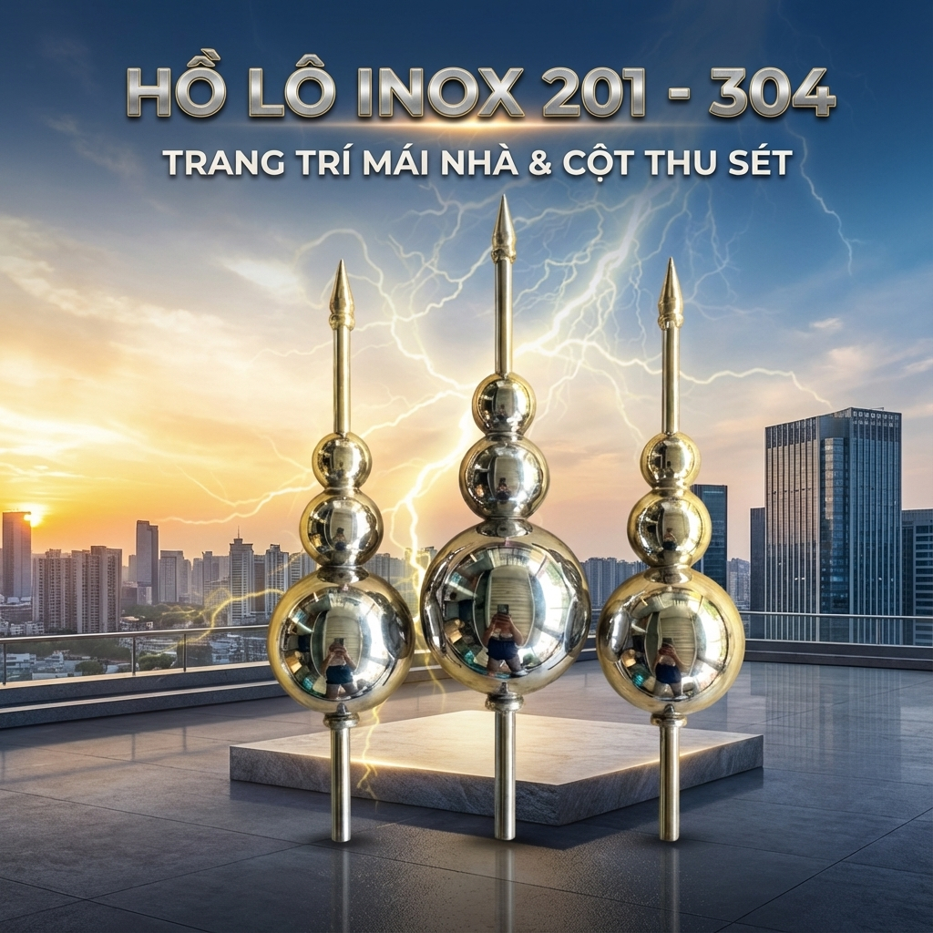 Hồ lô inox trang trí mái nhà, cụm châu trang trí nóc Thái, kích thước 76-120-150mm/ 80-150-200