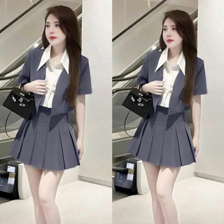 S009 Set croptop phối sơ mi kèm chân váy xếp ly cực xinh