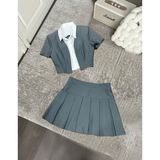 S009 Set croptop phối sơ mi kèm chân váy xếp ly cực xinh
