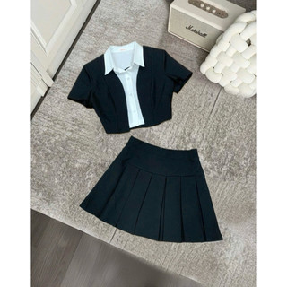 S009 Set croptop phối sơ mi kèm chân váy xếp ly cực xinh