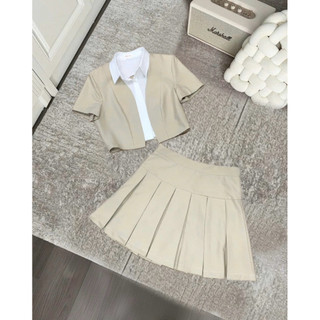S009 Set croptop phối sơ mi kèm chân váy xếp ly cực xinh