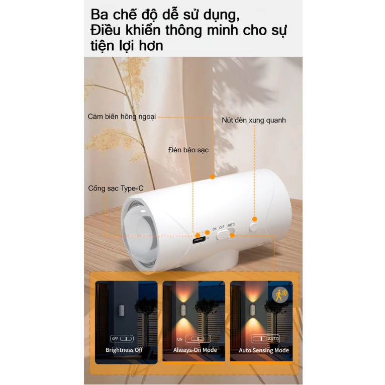 Đèn Tường RGB 16 Màu Điều Khiển Từ Xa Cảm Biến Thân Nhiệt, Sạc Pin, Gắn Từ Tính, Ánh Sáng C