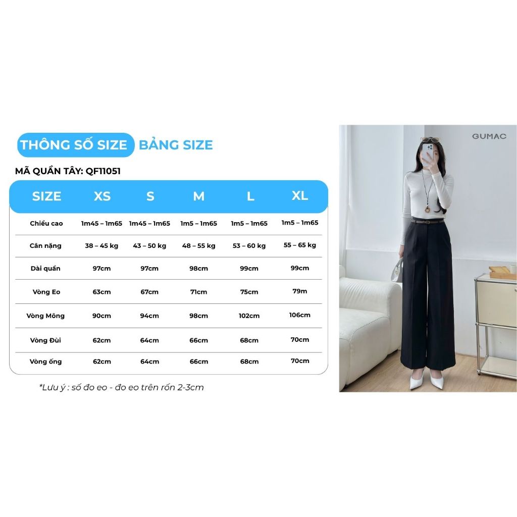 Quần Tây Nữ GUMAC Form Ống Suông Bản Lưng Rời Đỉa Kiểu Túi Dọc Tiện Lợi Phong Cách Công Sở Thanh Lịch QF11051