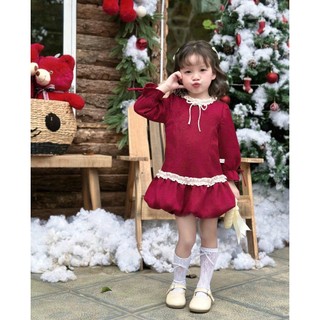 Váy Noel Bé Gái Tone đỏ công chúa SCEKIDS size 8-27kg tay dài phối ren trắng Chất liệu dạ text cao cấp