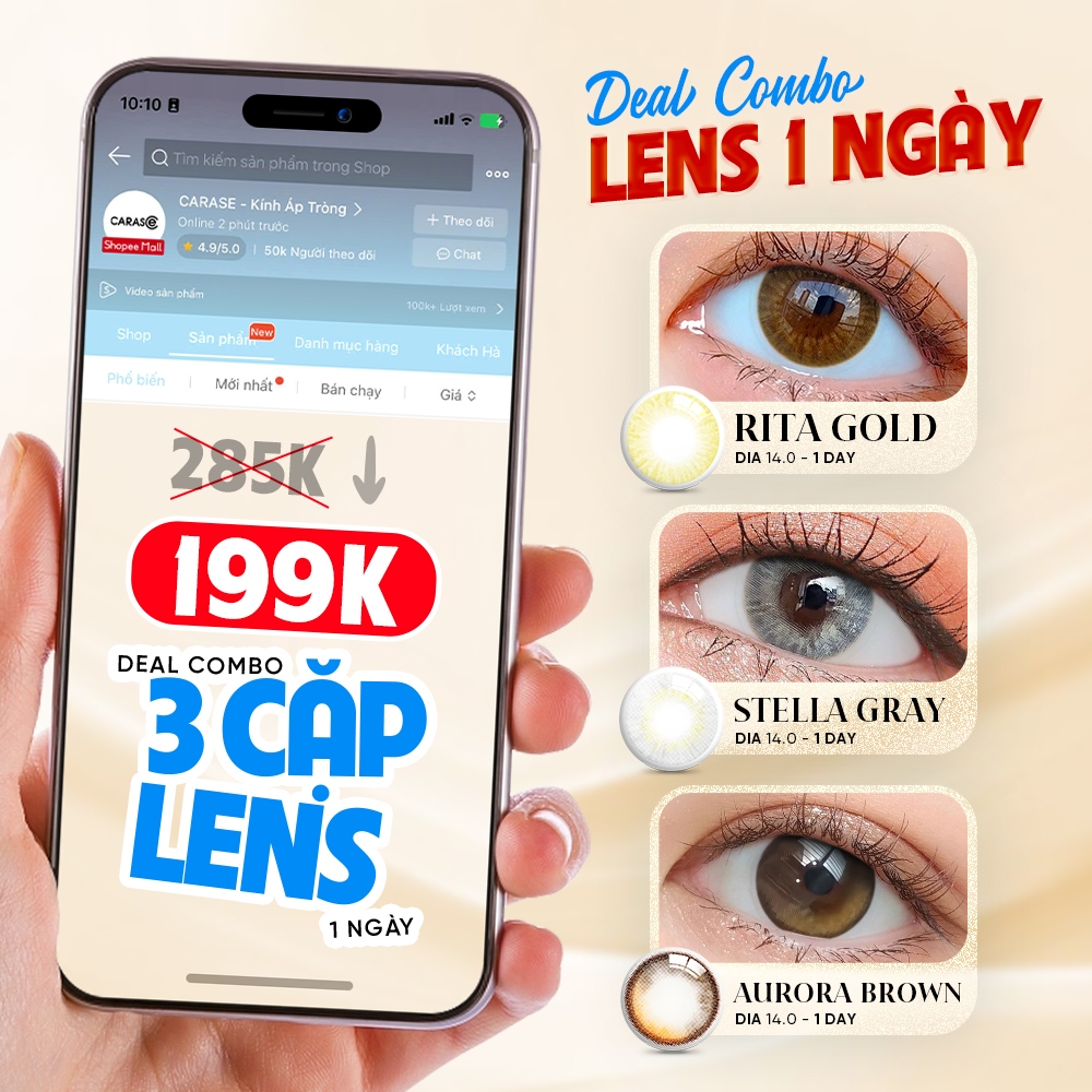 Combo 3 Cặp  Kính Áp Tròng 1 Ngày CARASE, Lens Cận nhiều màu - 3 cặp (Lens cận Outlet)