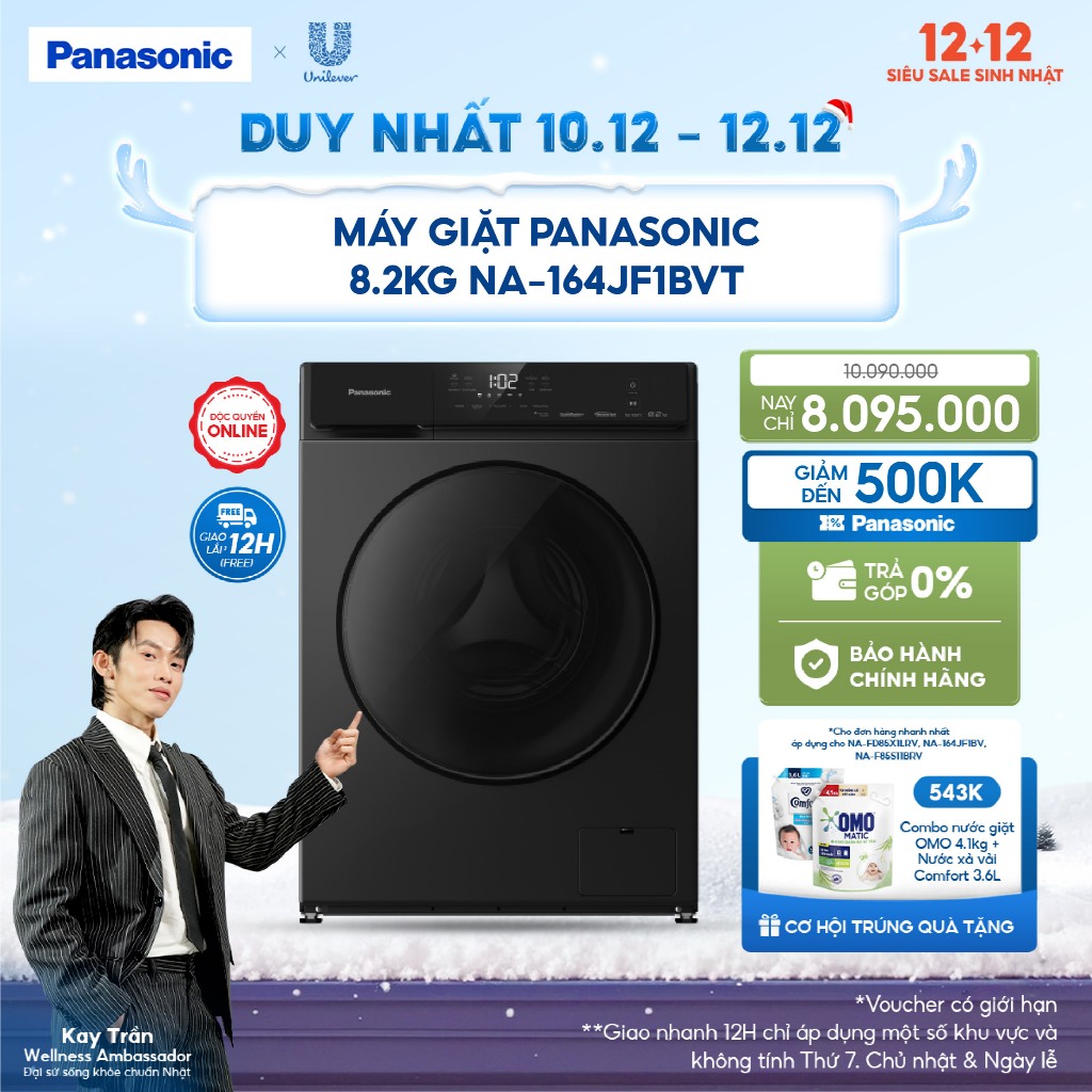 [NHẬP ELPN1T5P GIẢM 18% TỐI ĐA 1500K] Máy Giặt Cửa Trước Panasonic Inverter 8.2KG NA-164JF1BVT - Bảo Hành 2 năm