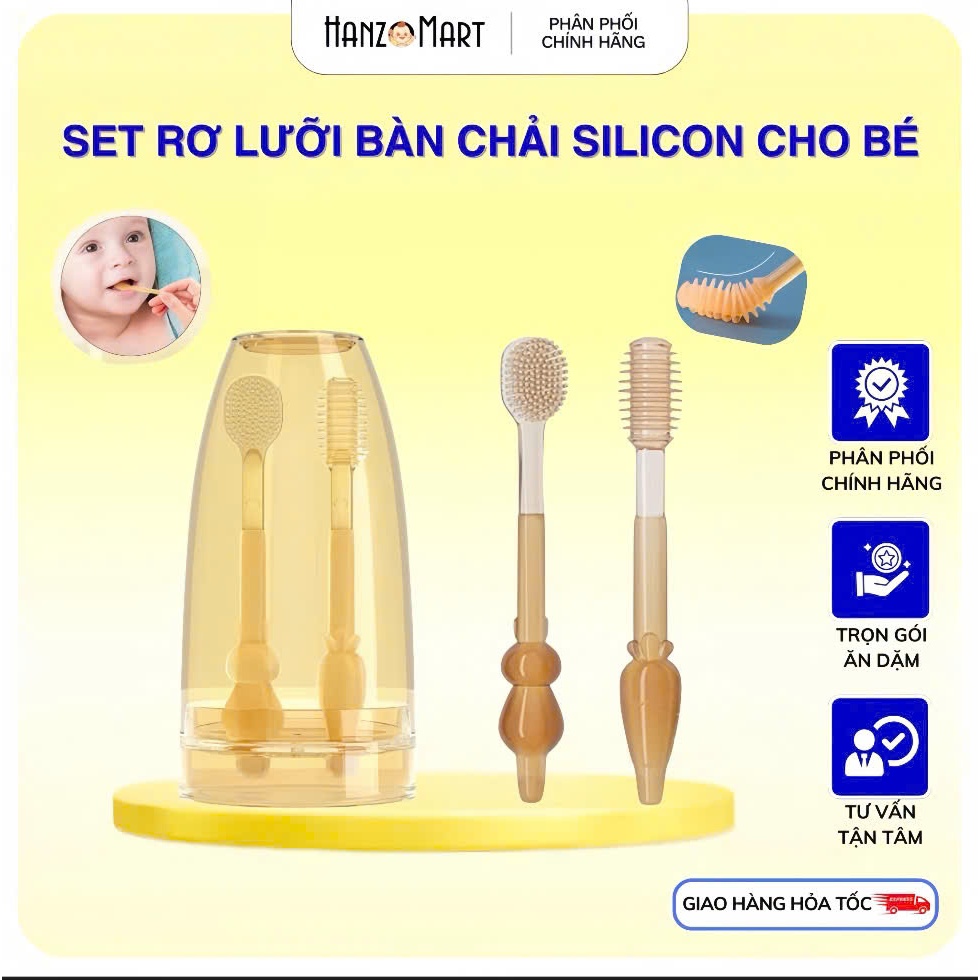 Set rơ lưỡi và bàn chải đánh răng silicon cho bé từ 0 - 18 tháng