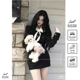 Đầm nữ đen dài tay phối nơ cổ thanh lịch LUST Váy nữ cúc vàng nổi chất liệu chéo nhật cao cấp T303